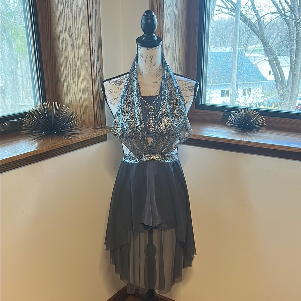 Elegant Silver and Grey Lyrical Kelle Dance Costume w/Rhinestones Large Child